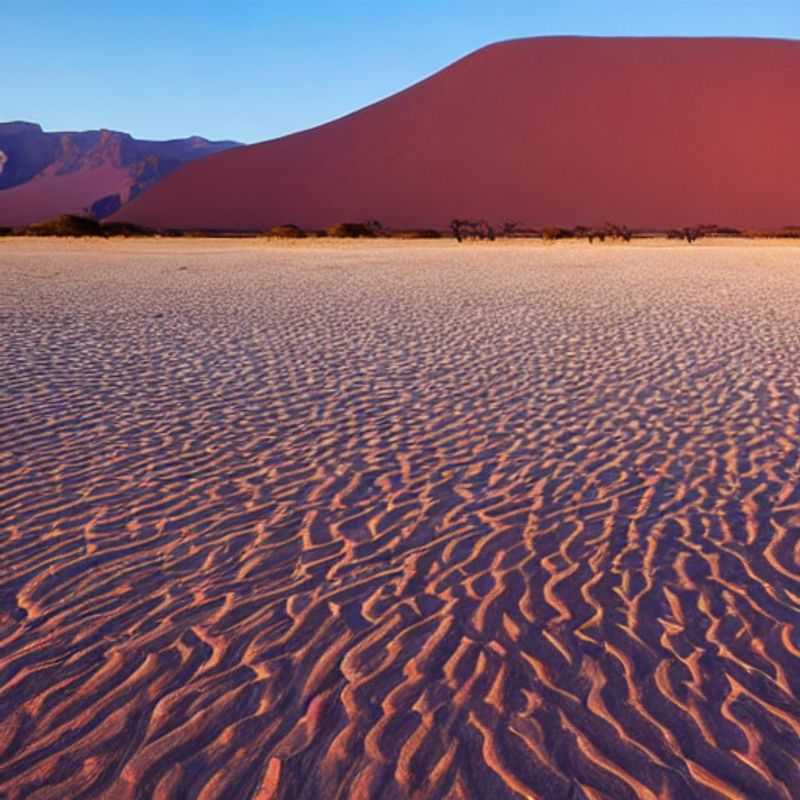 Paisagem surreal do Parque Nacional Namib-Naukluft, Namíbia, sob o sol escaldante do verão. Areias ondulantes contrastam com o céu azul infinito, uma visão impactante para aventureiros que questionam: será este o destino ideal para suas férias de verão?