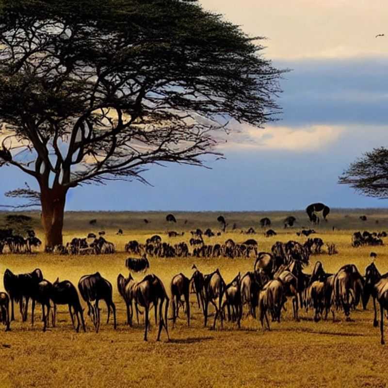 Vast herds of wildebeest thundering across the savanna during the Great Migration in Kenya/Tanzania, illustrating the spectacular scale and drama that makes it a potential unforgettable summer holiday experience.