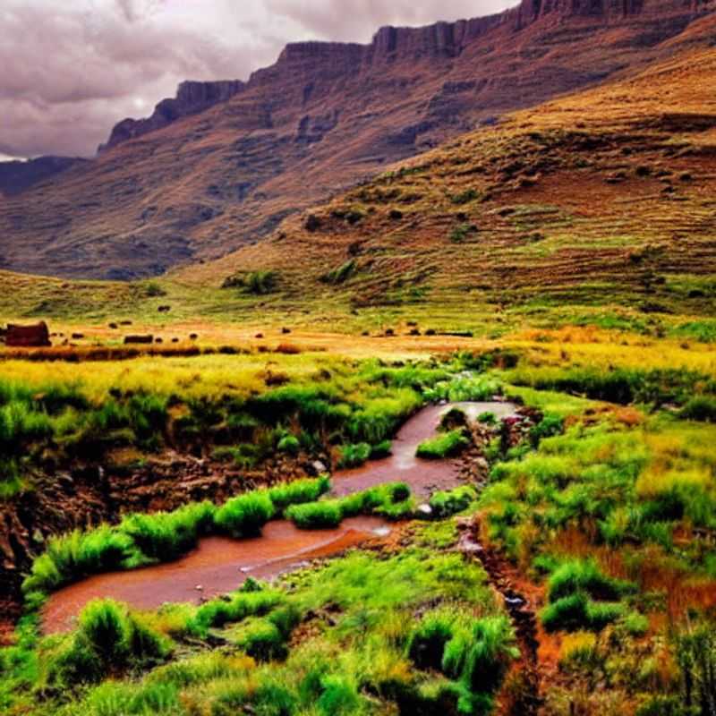 Les majestueuses montagnes du Lesotho Highlands baignées par le soleil estival, un paysage idyllique pour une escapade estivale inoubliable au Lesotho.