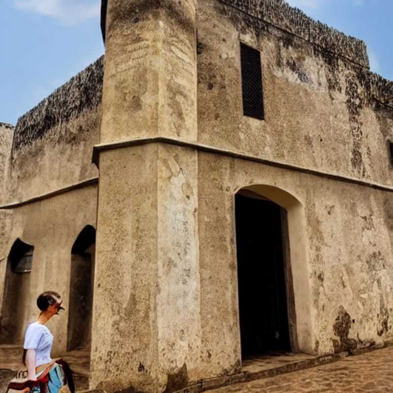 Deux personnes explorant le majestueux château d'Elmina, une forteresse chargée d'histoire au Ghana, lors de leurs vacances estivales.