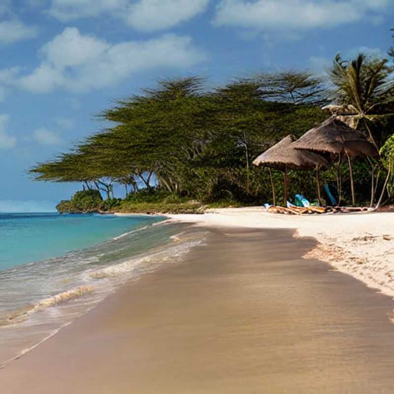 Arena blanca y aguas turquesas en Diani Beach, Kenia, un paraíso tropical ideal para disfrutar de unas vacaciones de verano inolvidables. (White sand and turquoise waters on Diani Beach, Kenya, a tropical paradise ideal for enjoying an unforgettable summer vacation.)