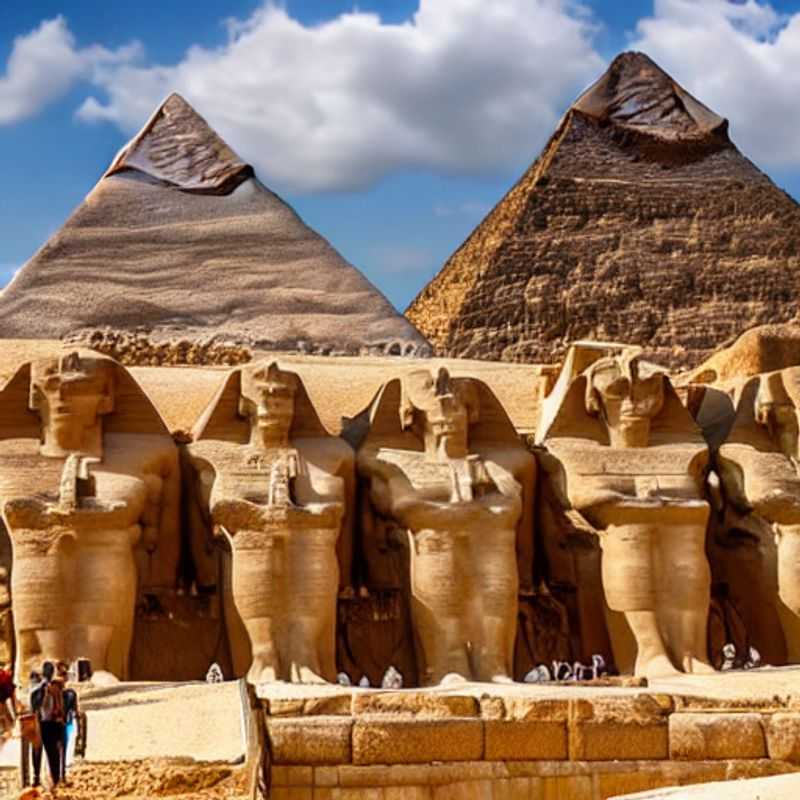 Duas pessoas admiram as majestosas pirâmides da Necrópole de Gizé, Egito, durante um Verão inesquecível de férias.