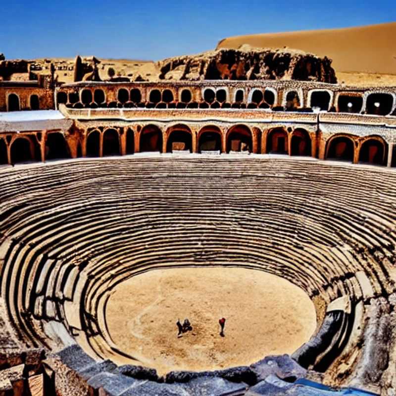 Alt Text: L'amphithéâtre d'El Jem, majestueux sous le soleil tunisien, offrant un aperçu saisissant de l'histoire romaine. Une visite à envisager, même en été, en prenant les précautions nécessaires.