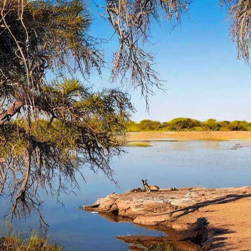 Rebanho de elefantes bebendo água no rio Chobe sob o sol escaldante do verão, uma visão exuberante do Parque Nacional de Chobe, Botswana.
