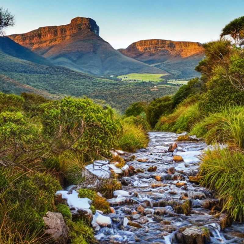 Dois turistas admirando a deslumbrante paisagem do Royal Natal National Park, na África do Sul, durante suas férias de verão - uma opção perfeita para quem busca aventuras ao ar livre e contato com a natureza.