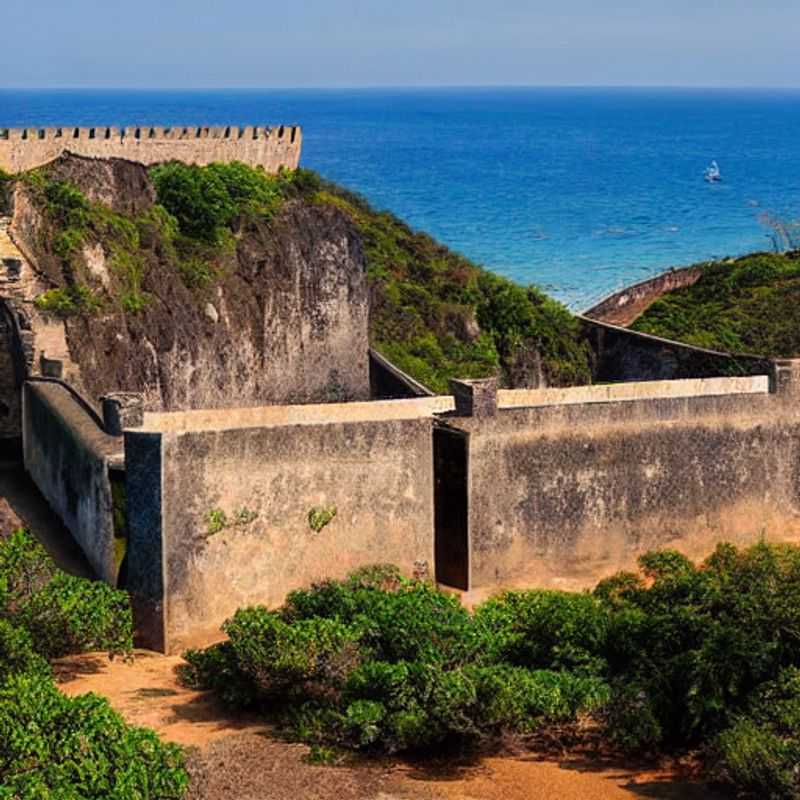 Um casal admirando a majestosa Fortaleza de São Sebastião em Moçambique, um local encantador para umas férias de verão inesquecíveis.