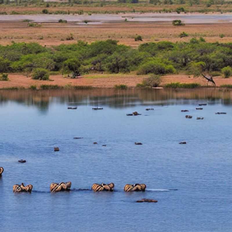 Manada de elefantes bebendo água no rio Chobe, em Botswana, sob o sol escaldante do verão, ilustrando a rica vida selvagem que atrai visitantes apesar do calor.