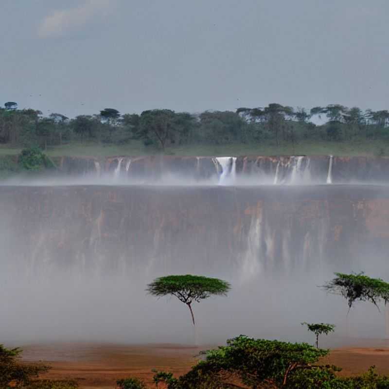 Le puissant rugissement des chutes Murchison, éclatant de vie sous le soleil d'été ougandais, une promesse d'aventure inoubliable au cœur du parc national.