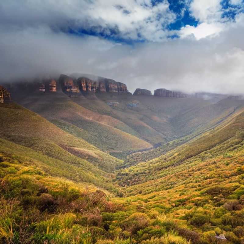 Majestueux amphithéâtre de montagnes drapé d'émeraude au Parc National Royal Natal, Afrique du Sud : une invitation à un paradis estival inoubliable. (Majestic amphitheater of emerald-draped mountains in Royal Natal National Park, South Africa: an invitation to an unforgettable summer paradise.)