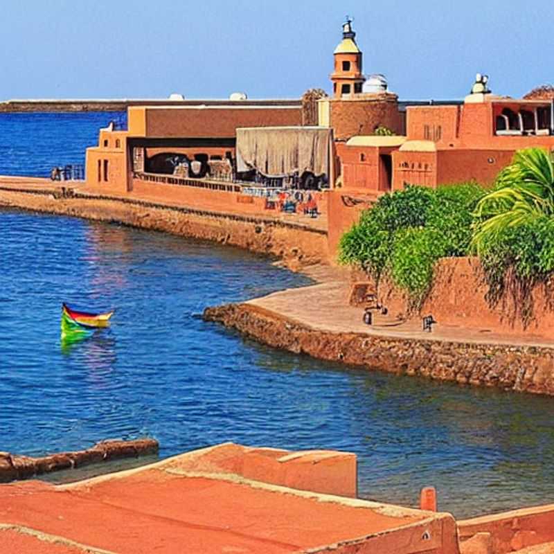 Contrasting vibrant colors of Gorée Island, Senegal against the deep blue Atlantic ocean, hinting at a complex history and a culturally rich experience awaiting summer holiday travelers.