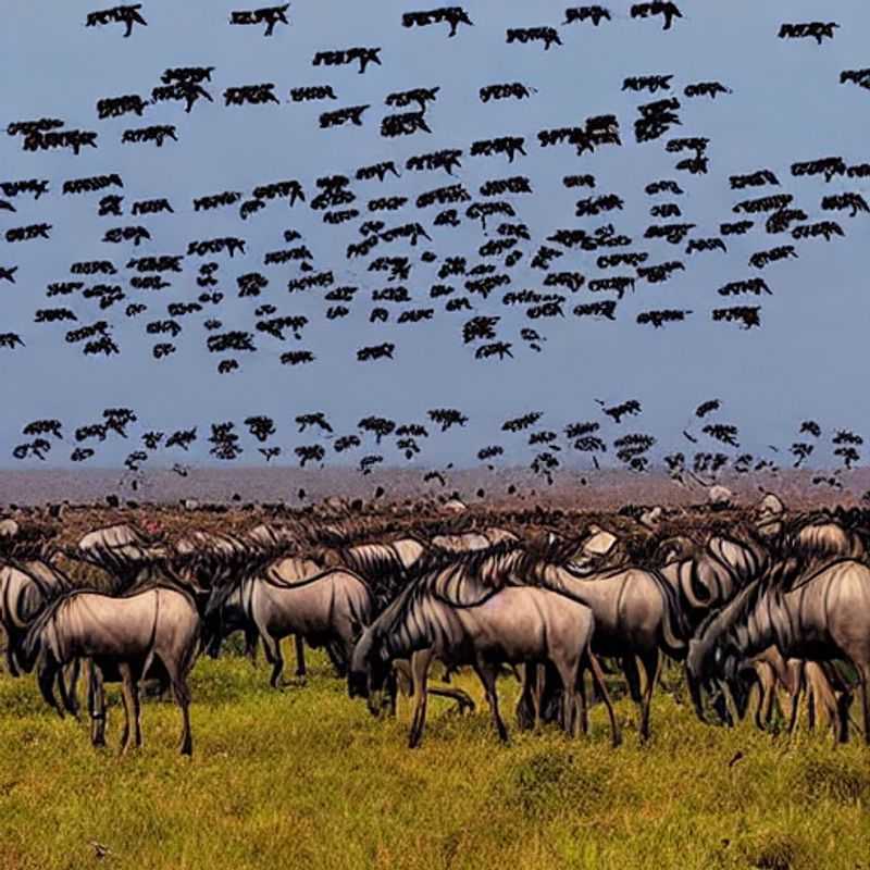 Witnessing the Great Wildebeest Migration, a breathtaking spectacle of nature's raw power, captured in this stunning eco-luxury safari moment in Kenya/Tanzania – a perfect share for the discerning eco-tourist seeking authentic, impactful experiences.