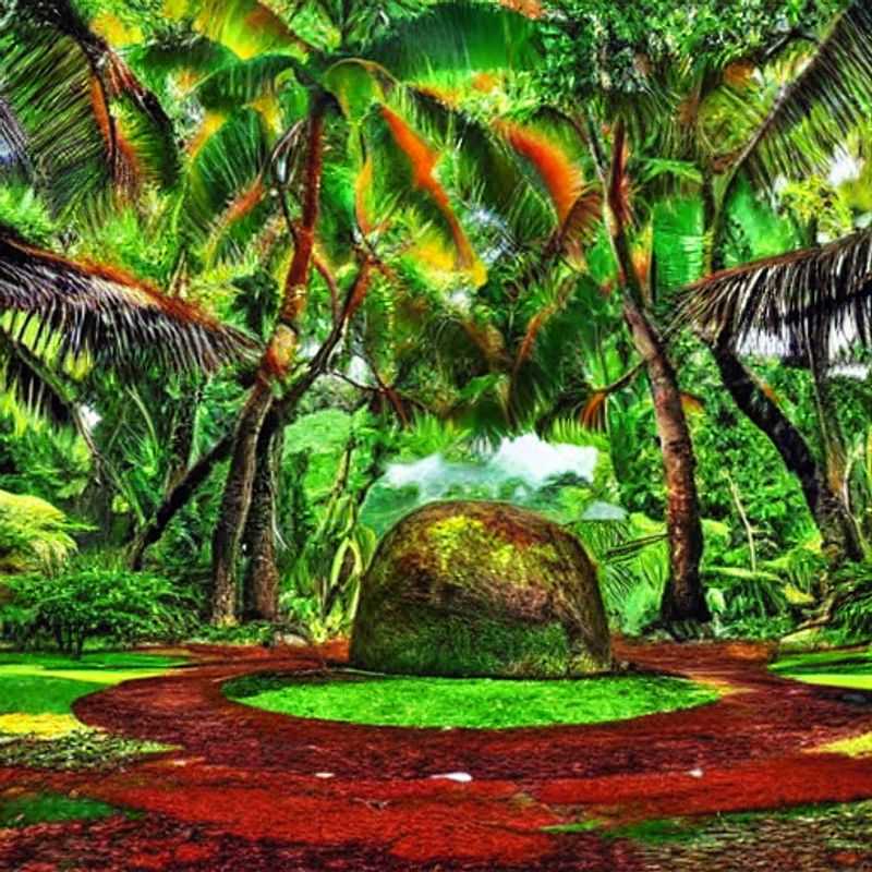 Lush greenery and towering palms frame a tranquil pathway in Seychelles National Botanical Gardens, a vibrant oasis perfect for a cool respite during a Seychelles summer holiday.