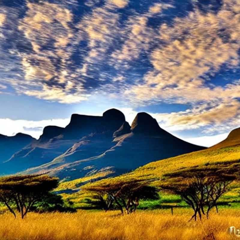 Paysage estival spectaculaire des montagnes du Drakensberg, en Afrique du Sud : un paradis pour des vacances ensoleillées et des aventures inoubliables.