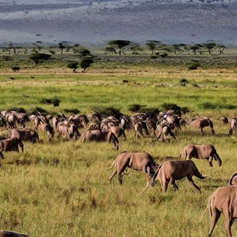 Rebanho de gnus atravessando as planícies douradas do Maasai Mara, um espetáculo inesquecível no verão queniano. Uma amostra da vida selvagem vibrante que espera por você.