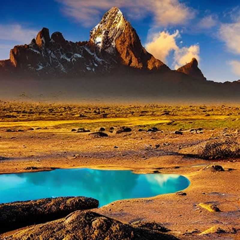 Vue imprenable sur le Mont Kenya, majestueux et baigné de soleil, un cadre idyllique pour des vacances d'été inoubliables au Kenya.