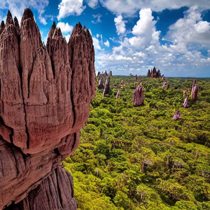 Les pics calcaires acérés du Tsingy de Bemaraha se dressent majestueusement, un paysage lunaire spectaculaire et luxueux, parfait pour les explorateurs éco-responsables qui souhaitent partager la beauté brute de Madagascar sur les réseaux sociaux.