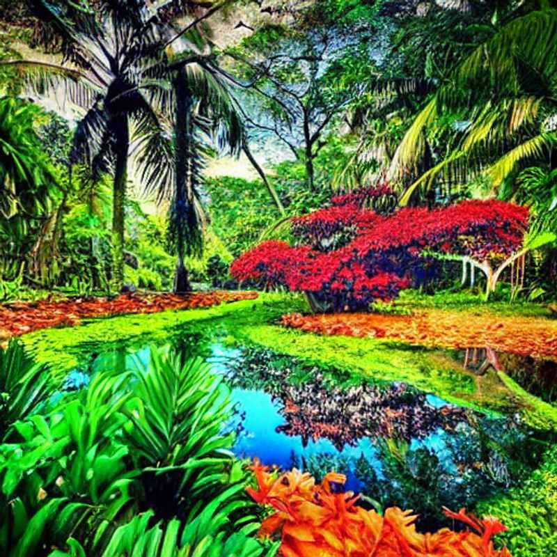 Lush greenery and vibrant blooms bursting under the Seychelles sun at the National Botanical Gardens - a tropical paradise offering cool respite on a perfect summer holiday.