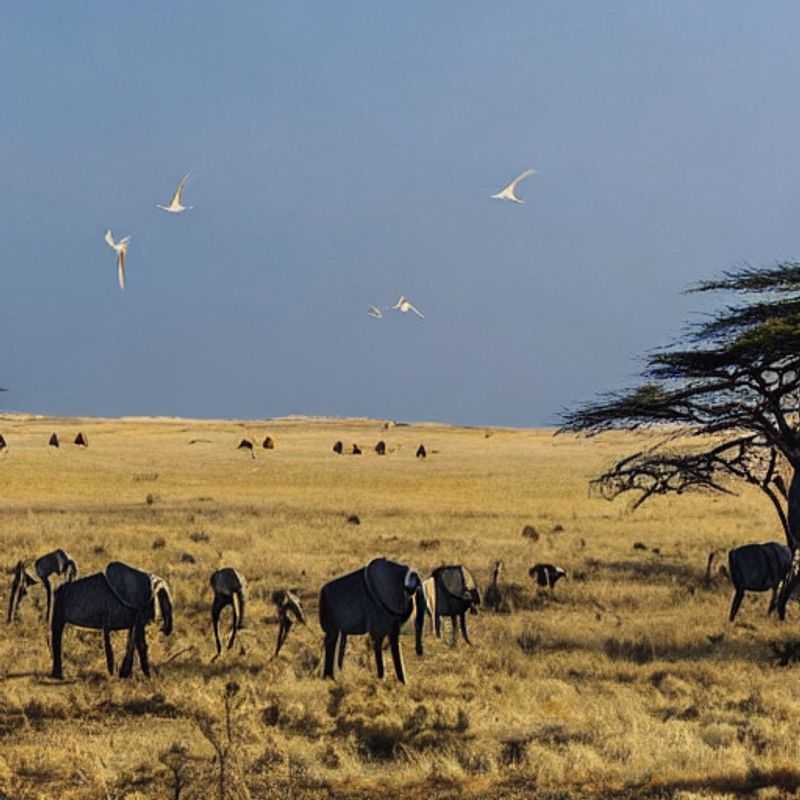 Spanish: Ñus danzando bajo el sol africano en el Parque Nacional Serengueti, Tanzania: ¿el destino perfecto para tus vacaciones de verano?