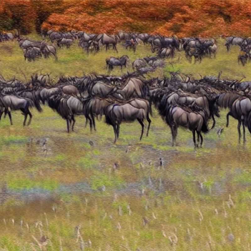 A breathtaking panorama of the Wildebeest Migration sweeping across the Serengeti plains of Kenya/Tanzania. Capture the luxury experience of witnessing this natural wonder, coupled with exquisite bush cuisine, perfect for sharing unforgettable foodie moments on social media.