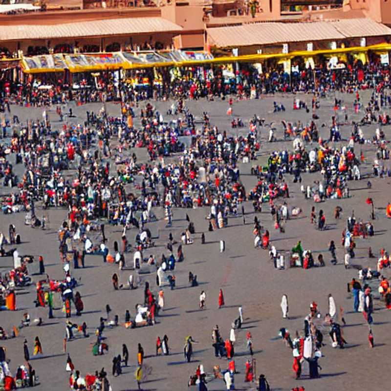 Djemaa el-Fna's vibrant tapestry of sights, sounds, and smells under the Moroccan sun – a summer holiday spectacle to consider, but be prepared for the heat!