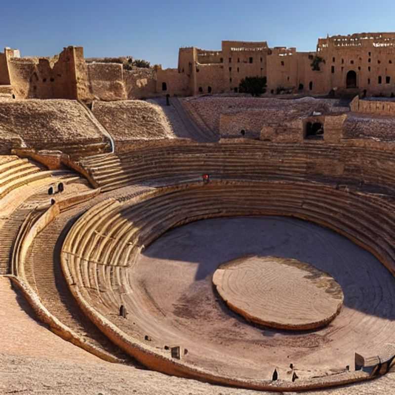 Alt Text: L'amphithéâtre d'El Jem, majestueux sous le soleil tunisien, offrant un aperçu saisissant de l'histoire romaine. Une visite à envisager, même en été, en prenant les précautions nécessaires.