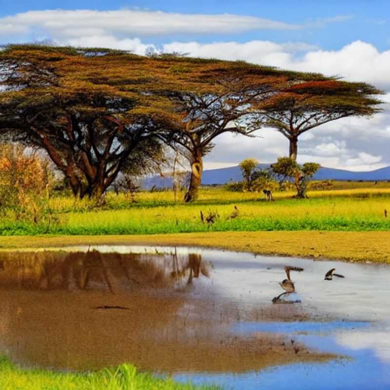 Bando de flamingos cor-de-rosa vibrantes no Lago Nakuru, Quênia, criando um espetáculo impressionante sob o sol de verão africano - um vislumbre da magia que aguarda sua aventura de férias!