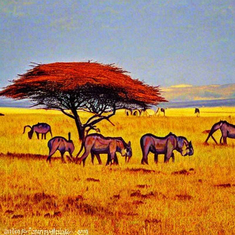 Spanish: Manada de ñus cruzando las llanuras doradas del Parque Nacional Serengueti, Tanzania, bajo el sol del verano. Una escena impresionante que te espera si eliges este paraíso para tus vacaciones.