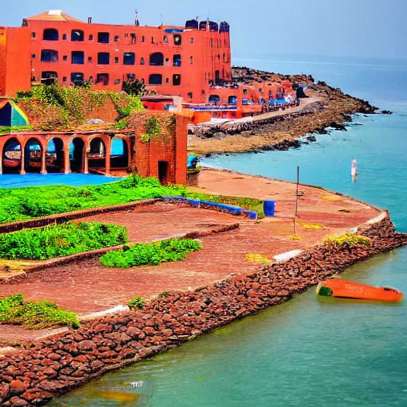 Contrasting vibrant colors of Gorée Island, Senegal against the deep blue Atlantic ocean, hinting at a complex history and a culturally rich experience awaiting summer holiday travelers.