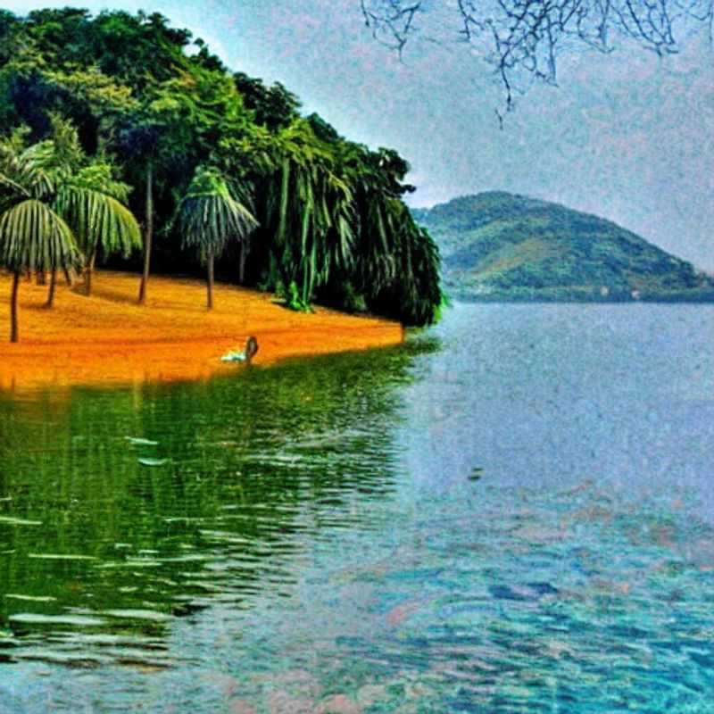 Coucher de soleil paisible sur le lac Volta au Ghana, une oasis rafraîchissante idéale pour des vacances d'été inoubliables.