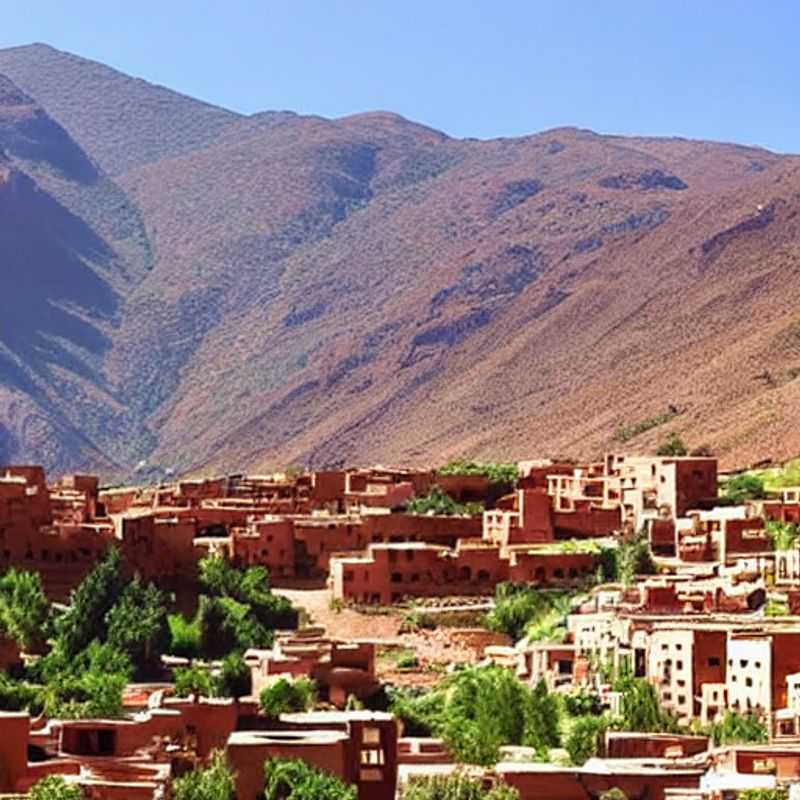 Altas Montañas, Marruecos: Un paisaje árido y majestuoso bajo el sol del verano, mostrando la belleza y el desafío de un destino vacacional veraniego único. (Atlas Mountains, Morocco: An arid and majestic landscape under the summer sun, showcasing the beauty and challenge of a unique summer vacation destination.)