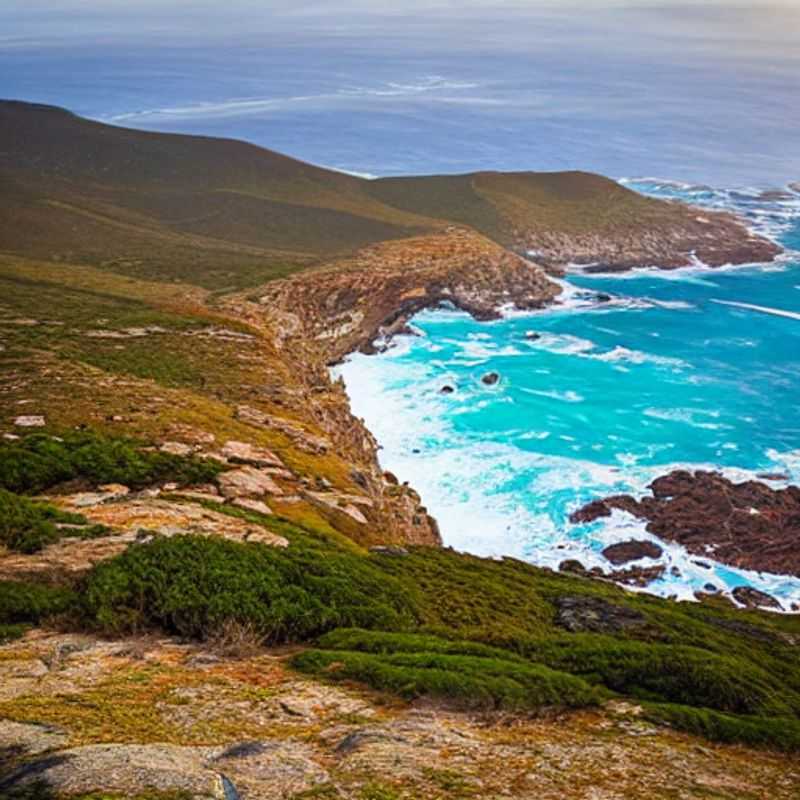 Dramatic cliffs meet the turquoise ocean at the Cape of Good Hope, South Africa, a breathtaking summer holiday destination offering unforgettable views and coastal adventures.