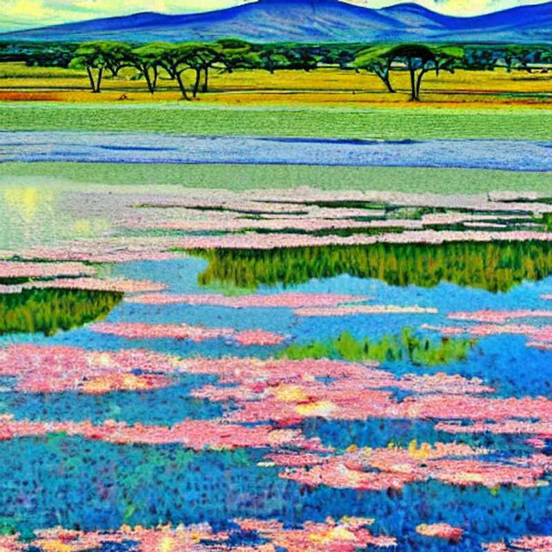 Flamingos cor-de-rosa dançando nas águas cintilantes do Lago Nakuru, no Quênia. Um espetáculo vibrante sob o sol africano, perfeito para uma aventura de verão inesquecível.