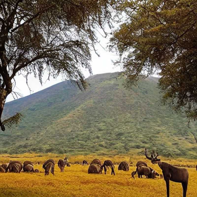 Uma vista deslumbrante da Cratera de Ngorongoro, Tanzânia, vibrante e verdejante sob o sol de verão, ilustrando a beleza exuberante que a torna um destino ideal para férias nesta estação.