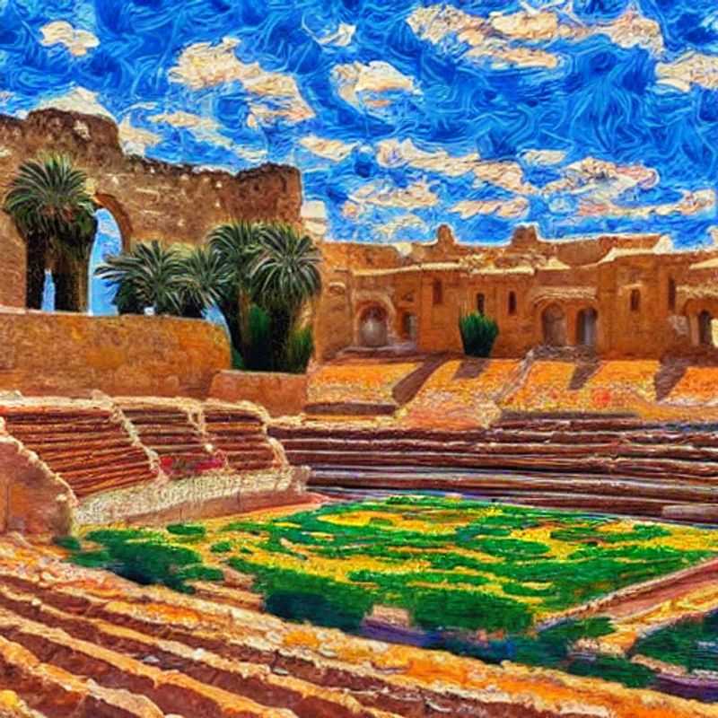 Amphithéâtre d'El Jem, Tunisie, baigné de soleil, témoin de l'histoire romaine, un site incontournable à explorer (avec prudence!) pendant les vacances d'été.