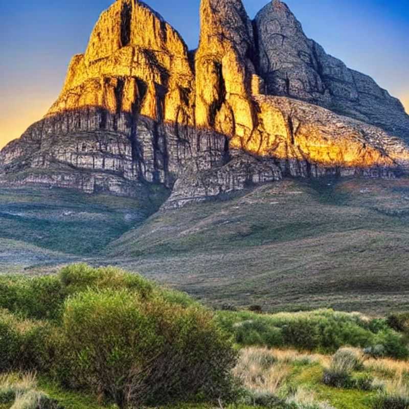 Picos escarpados do Cathedral Peak sob o sol vibrante do verão sul-africano, um convite à aventura e à beleza natural incomparável. (Sharp peaks of Cathedral Peak under the vibrant South African summer sun, an invitation to adventure and unparalleled natural beauty.)