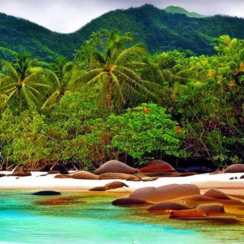 Sable chaud et eaux turquoise : un coin de paradis à Praslin, Seychelles, parfait pour des vacances d'été inoubliables. (Warm sand and turquoise waters: a corner of paradise in Praslin, Seychelles, perfect for an unforgettable summer vacation.)