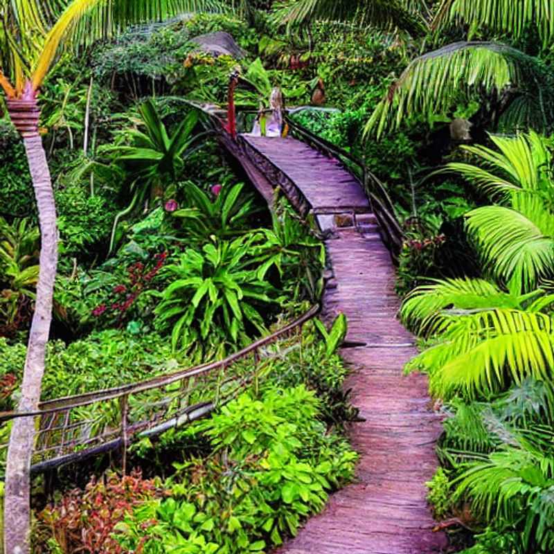 Lush greenery and towering palms frame a tranquil pathway in Seychelles National Botanical Gardens, a vibrant oasis perfect for a cool respite during a Seychelles summer holiday.