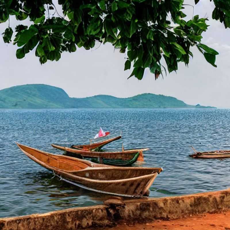 Barques de pêche colorées flottant paisiblement sur le lac Volta, Ghana, sous le soleil d'été - une invitation à la détente et à l'aventure.
