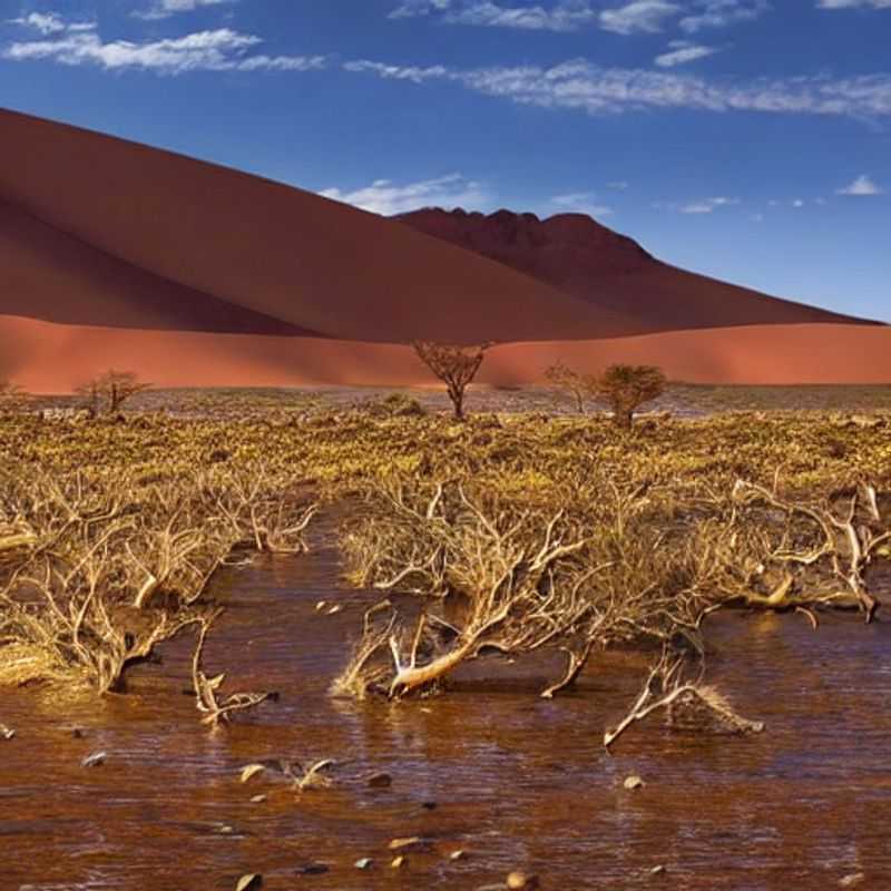 The sun-drenched dunes of Namib-Naukluft National Park, a majestic landscape shimmering under the Namibian summer sky, hinting at adventure but demanding respect in the summer heat. A peek into the considerations for planning a summer holiday.