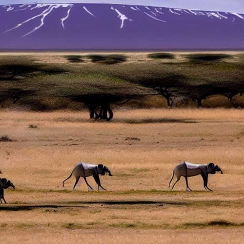 A gourmet bush breakfast spread fit for royalty, served against the backdrop of majestic elephants silhouetted by Mount Kilimanjaro in Amboseli National Park, Kenya - a luxurious and Instagrammable foodie paradise.