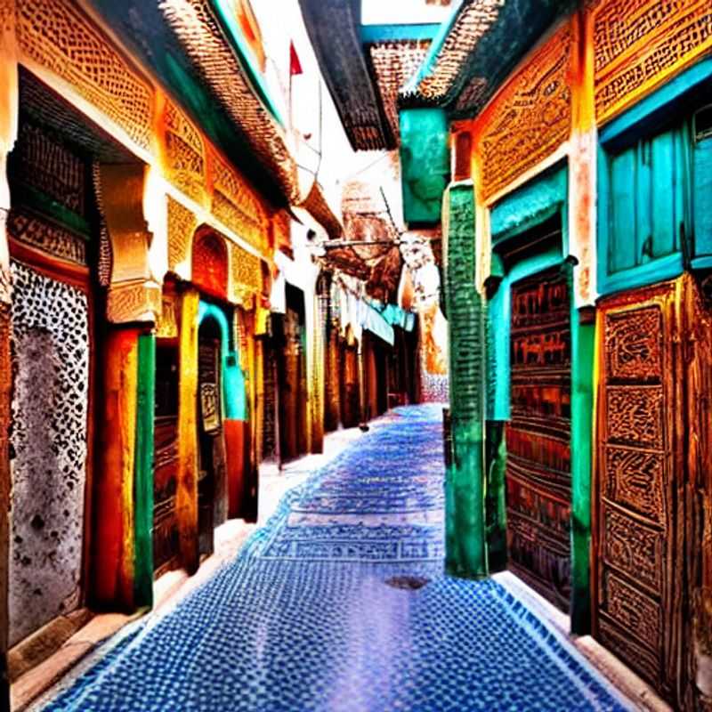 A vibrant, bustling alleyway in the Medina of Fez, Morocco, showcasing the dense, shaded architecture that can offer respite from the summer heat, contrasting the exterior sun-baked landscape. Is this ancient city the right summer holiday destination for you? Explore the options.
