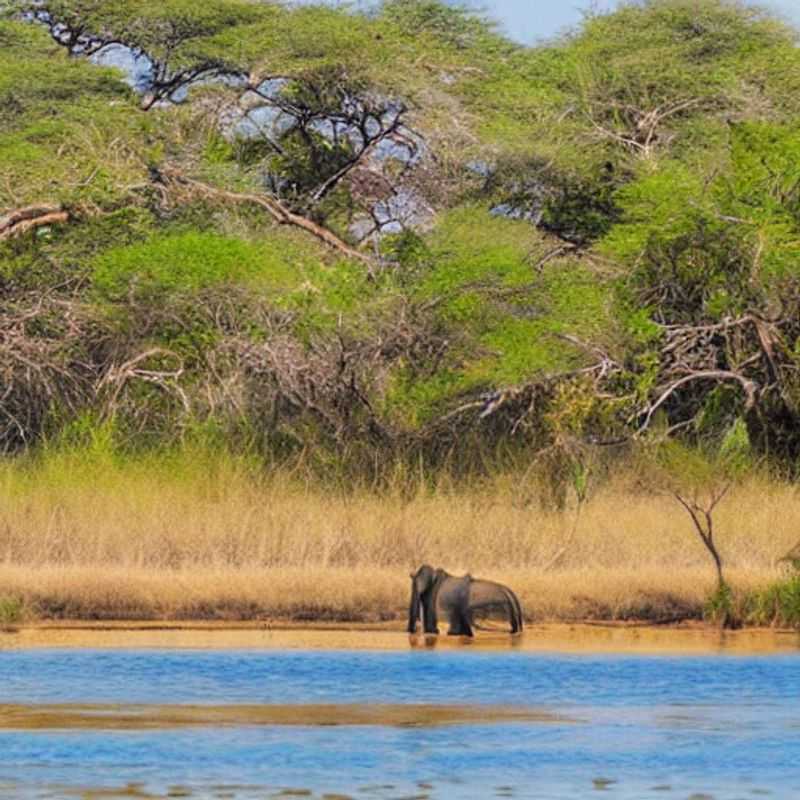 Alt: Elefantes se refrescando nas margens do Rio Chobe, um espetáculo selvagem e vibrante que desafia o calor do verão no Parque Nacional de Chobe, Botswana.