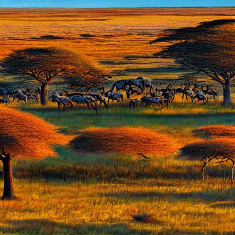 Serengeti sunrise: A wellness traveler's dream. Capture the raw beauty of Tanzania's Serengeti National Park in luxurious style, finding tranquility amidst the untamed wilderness, perfect for your mindful Instagram feed. (Imagine posting this from a private plunge pool overlooking *that* view!)