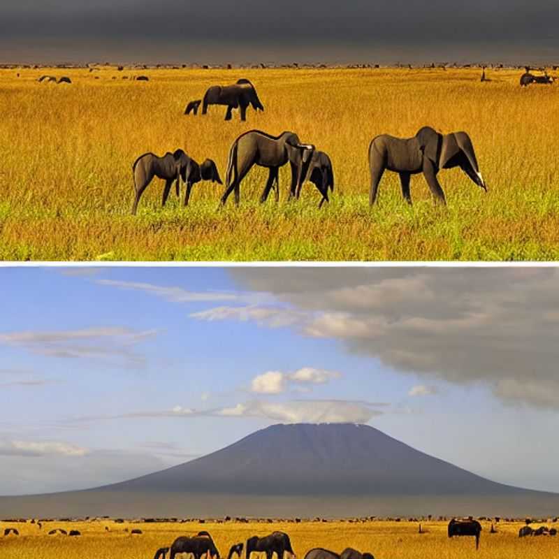 Majestic elephants silhouetted against the breathtaking backdrop of Mount Kilimanjaro in Amboseli National Park, Kenya β a truly unforgettable African panorama.