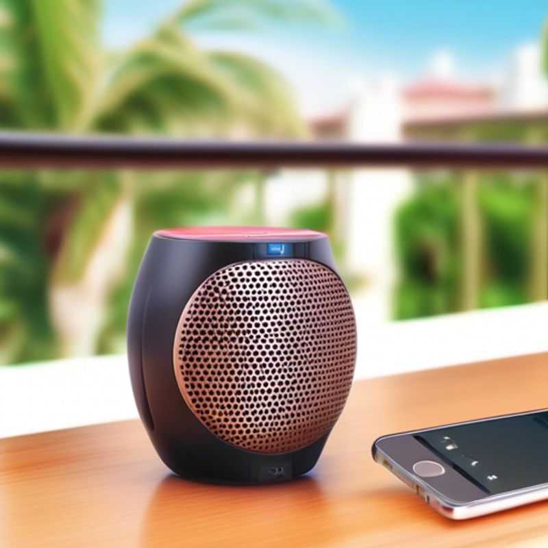 A stylish portable Bluetooth speaker resting on a balcony railing, ready to soundtrack your relaxing evening under the stars.