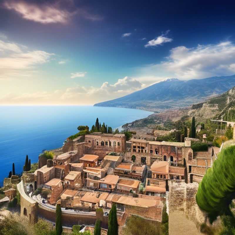 Three business travelers captivated by the enchanting medieval town of Taormina, Italy, perched atop a rugged cliff overlooking the azure Tyrrhenian Sea, during their 3-day winter getaway.
