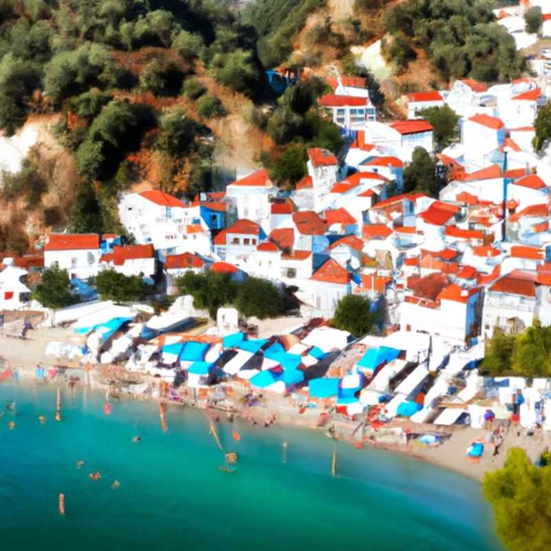Two couples bask in the sun-kissed shores of Skopelos, Greece, a picturesque island adorned with blooming wildflowers and sparkling turquoise waters, during their enchanting 3-day spring getaway.