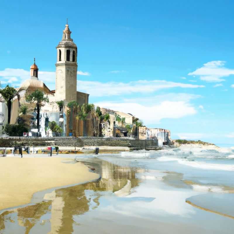 Two couples strolling along the sun-kissed shores of Sitges, Spain, a vibrant coastal town renowned for its stunning beaches, colorful architecture, and lively atmosphere, during their 3-day summer getaway.