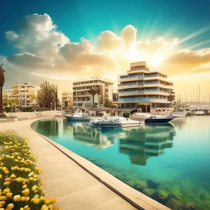Two intrepid couples, The Staycationers, strolling hand-in-hand along the sun-dappled promenade of Limassol, Cyprus, soaking in the vibrant spring atmosphere during their week-long adventure.