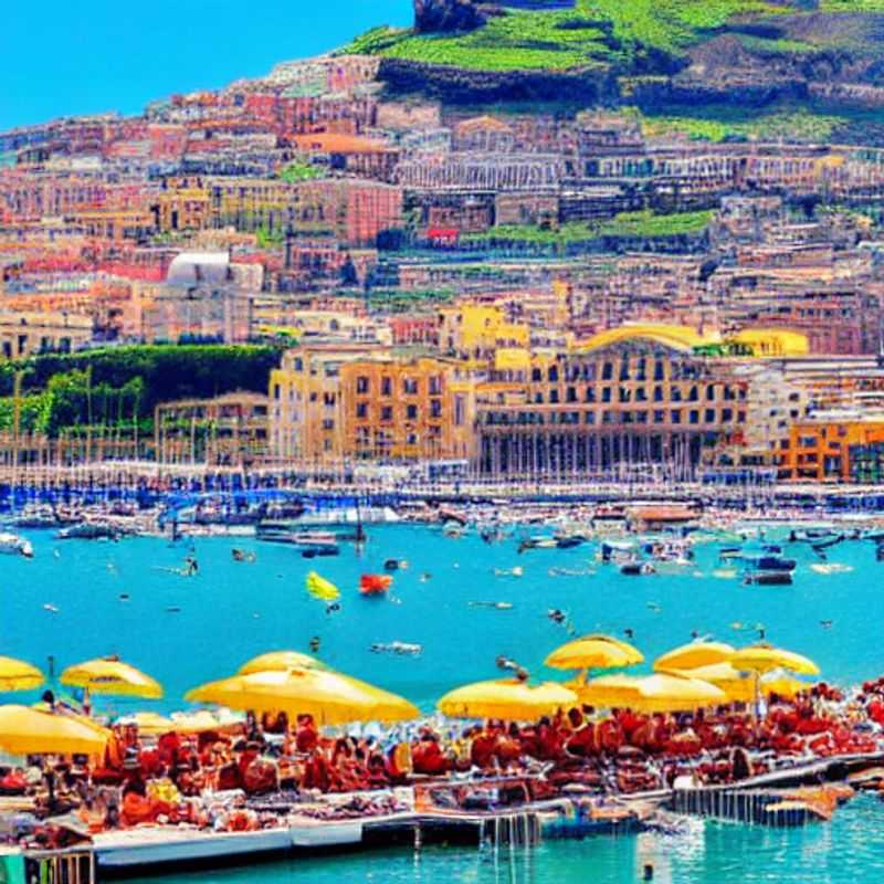 Naples, Italy, bathed in the warm spring sunshine: vibrant cityscape with Mount Vesuvius in the background.